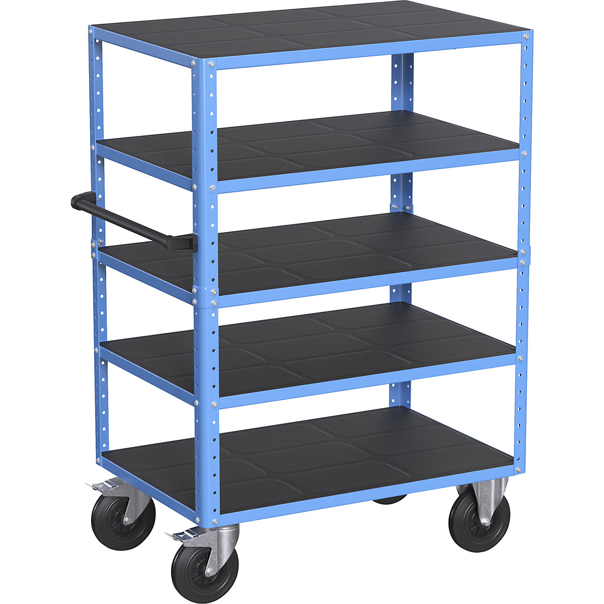 CustomLine shelf truck, open on 4 sides – eurokraft pro, 5 shelves, light blue RAL 5012, solid rubber-2