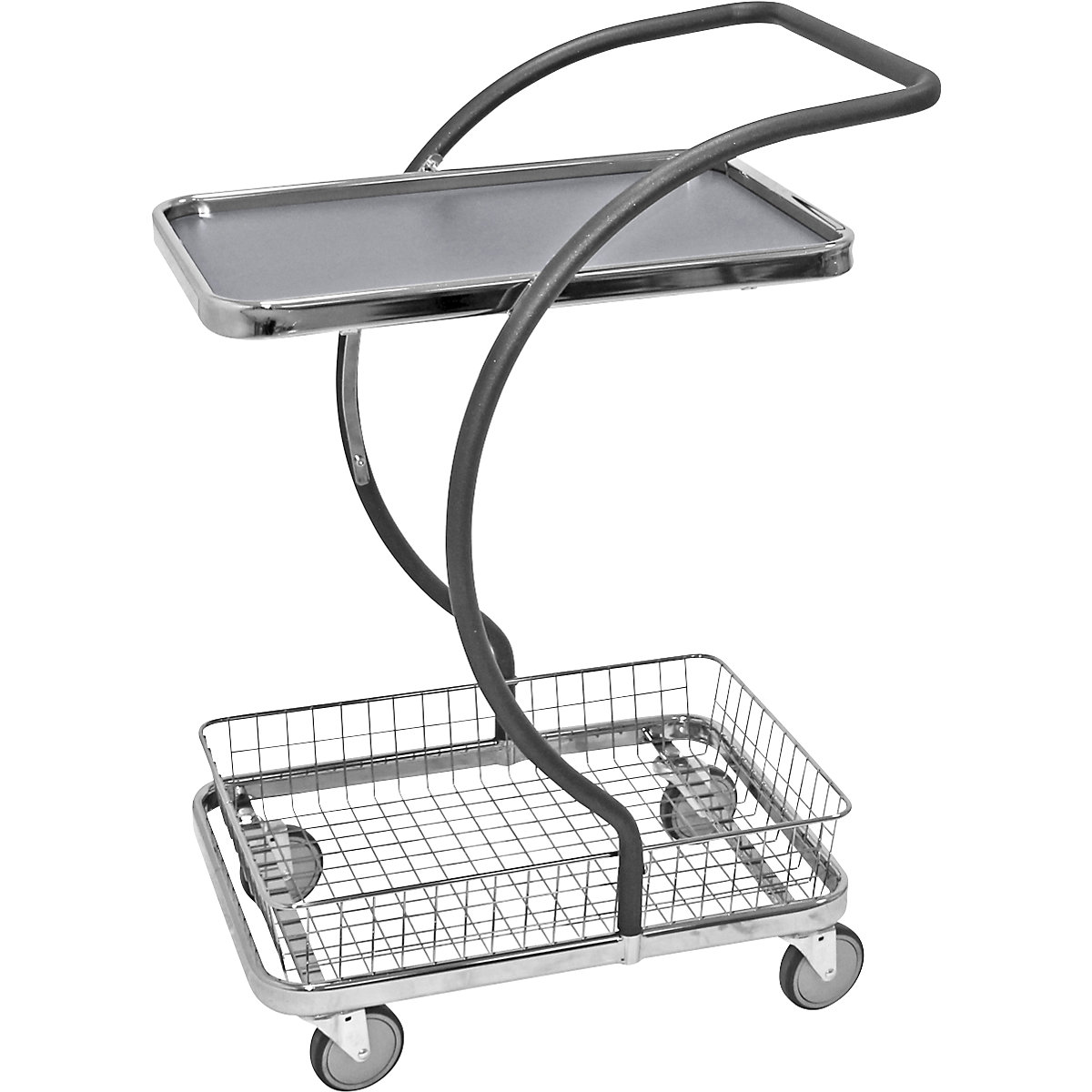 C-LINE shopping and table trolley – Kongamek, with 1 shelf, 1 stainless steel mesh tray, shelf heights 160, 630 mm, 2+ items-6