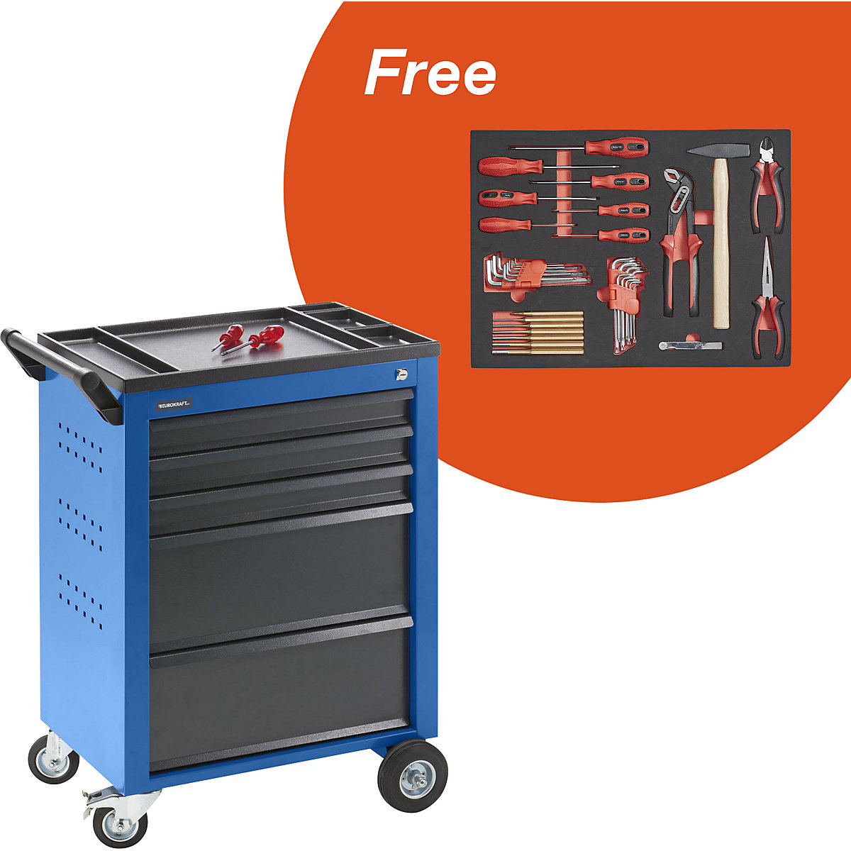 Deal: Gereedschapswagen incl. gratis gereedschapsset, h x b x d = 930 x 630 x 410 mm, gentiaanblauw RAL 5010-0