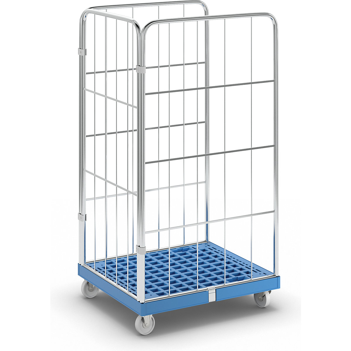 Rollbehälter mit Gitterwänden, Kunststoff-Rollplatte, 3-seitig, Gitter blau verzinkt-1