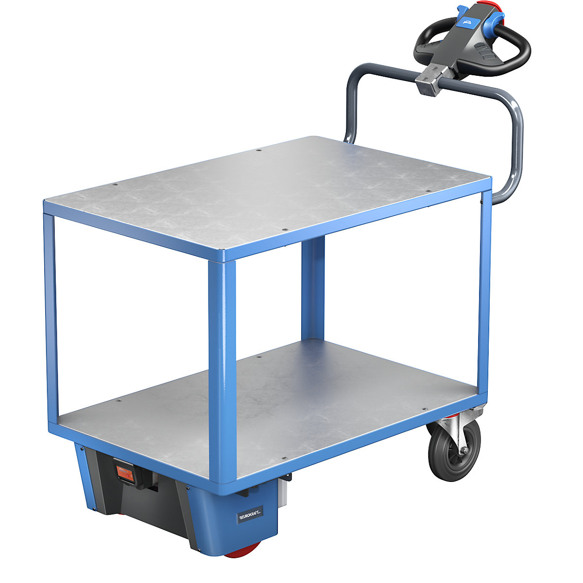 EUROKRAFTpro Montagewagen mit Elektroantrieb, 2 Etagen verzinkt, LxBxH 1670 x 800 x 1300 mm, blau