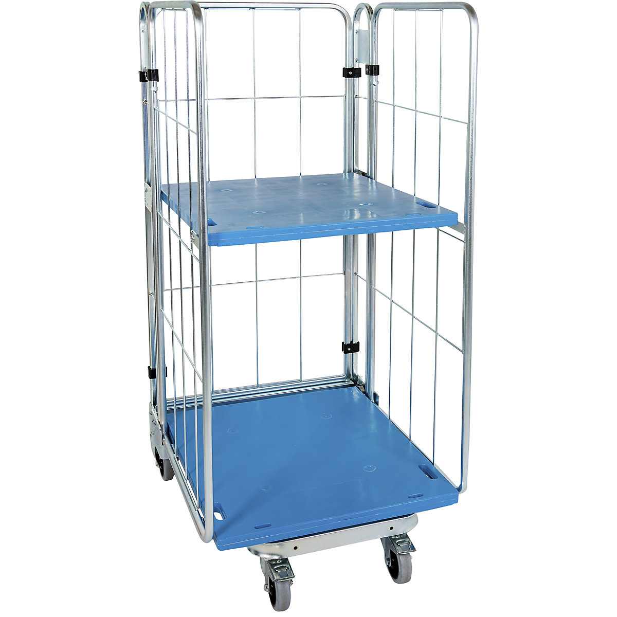 Rollbehälter, nestbar, 3-seitig, mit Kunststoffboden, HxBxT 1660 x 729 x 818 mm, mit 1 Einlegeboden