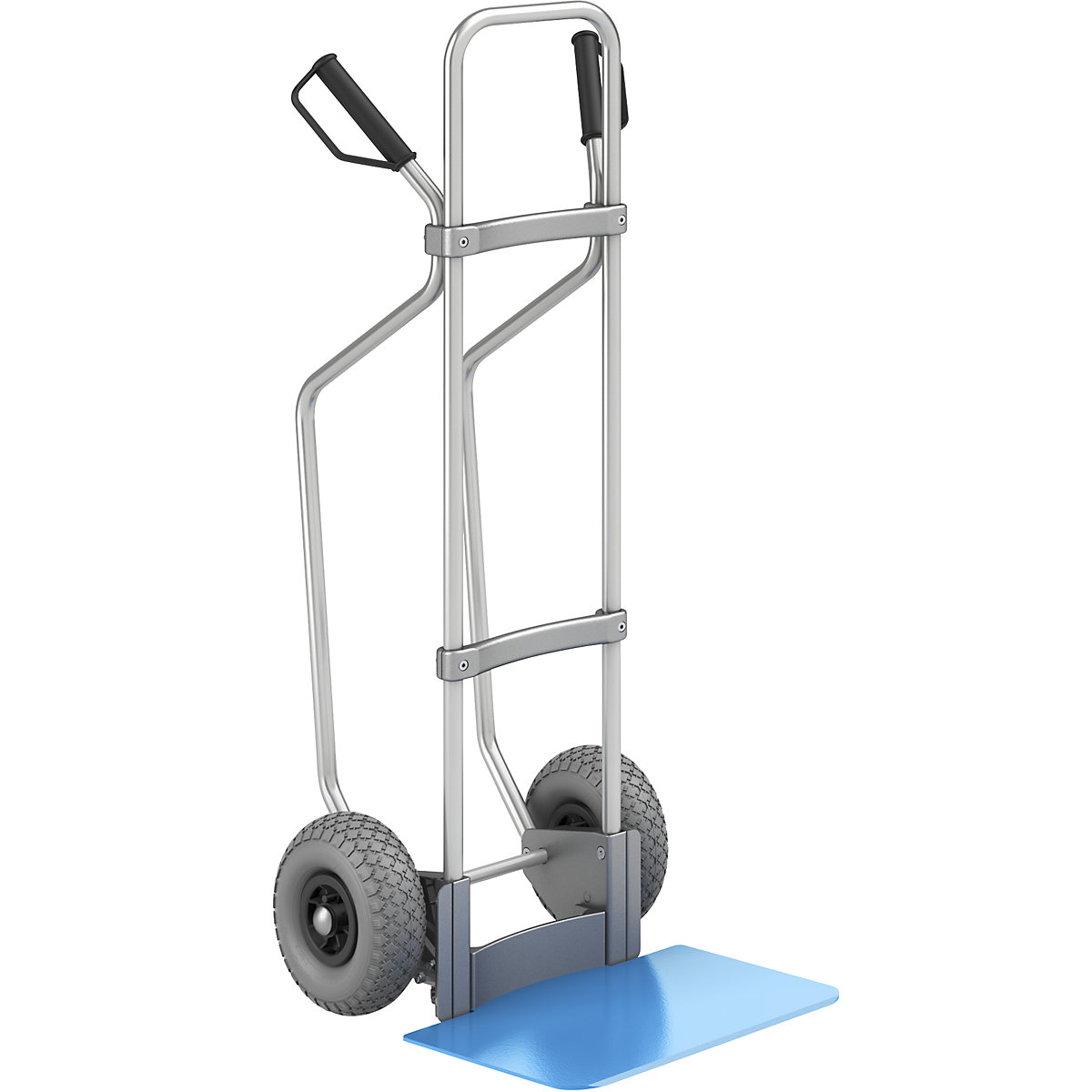 EUROKRAFTpro Aluminium-Sackkarre mit Kufen, Schaufel-BxT 450 x 350 mm, blau, PU-Bereifung