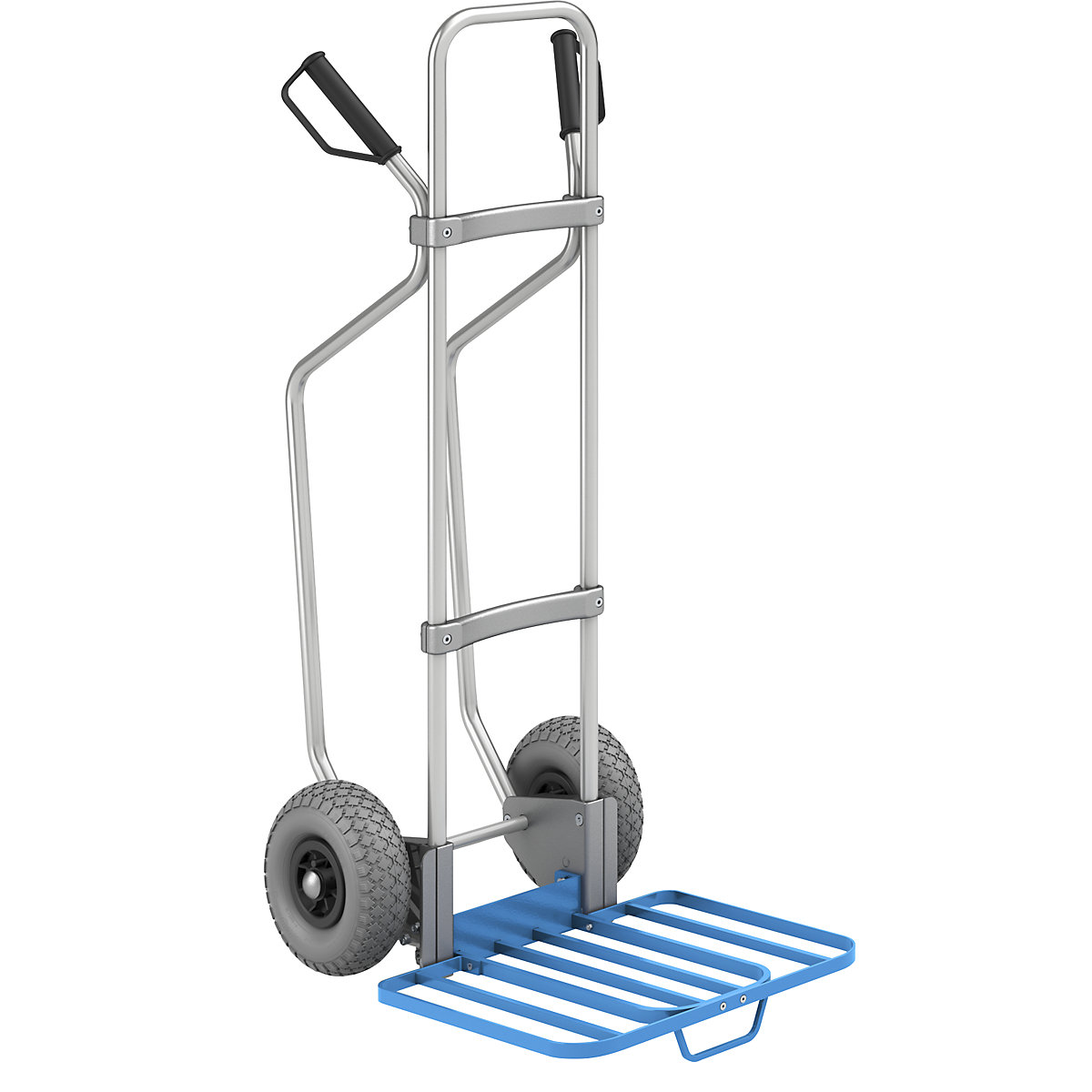 EUROKRAFTpro Aluminium-Sackkarre mit Kufen, Paketschaufel-BxT 430 x 450 mm, blau, mit Griff, PU-Bereifung