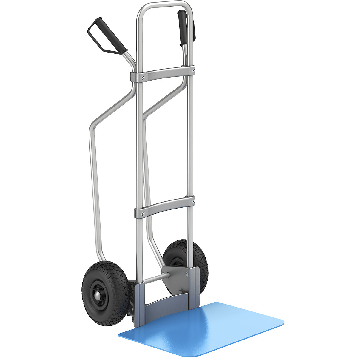 EUROKRAFTpro Aluminium-Sackkarre mit Kufen, Schaufel-BxT 450 x 500 mm, blau, Luftbereifung, ab 2 Stk