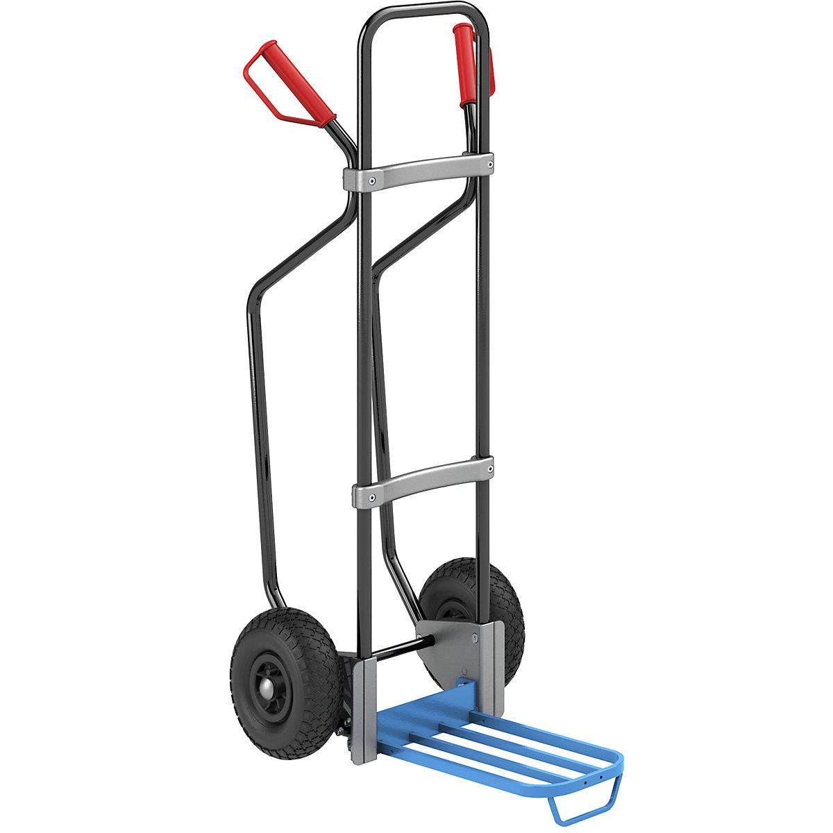 EUROKRAFTpro Sackkarre mit Kufen, schwarz, Paketschaufel-BxT 430 x 250 mm, blau, mit Griff, Luftbereifung, ab 5 Stk