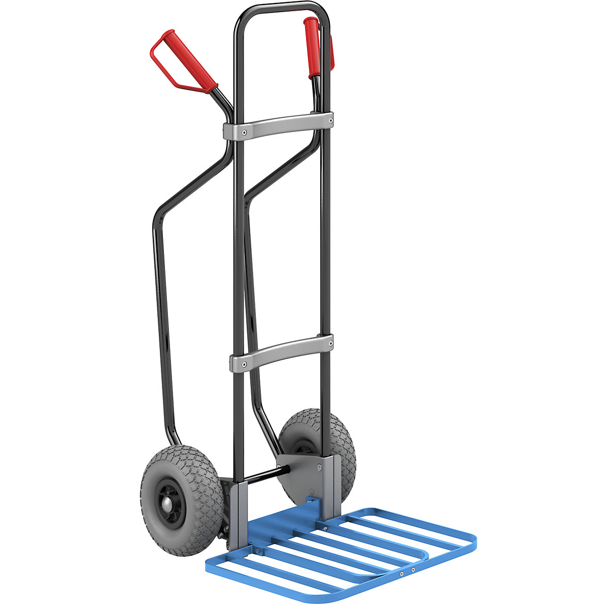 EUROKRAFTpro Sackkarre mit Kufen, schwarz, Paketschaufel-BxT 430 x 450 mm, blau, PU-Bereifung, ab 5 Stk