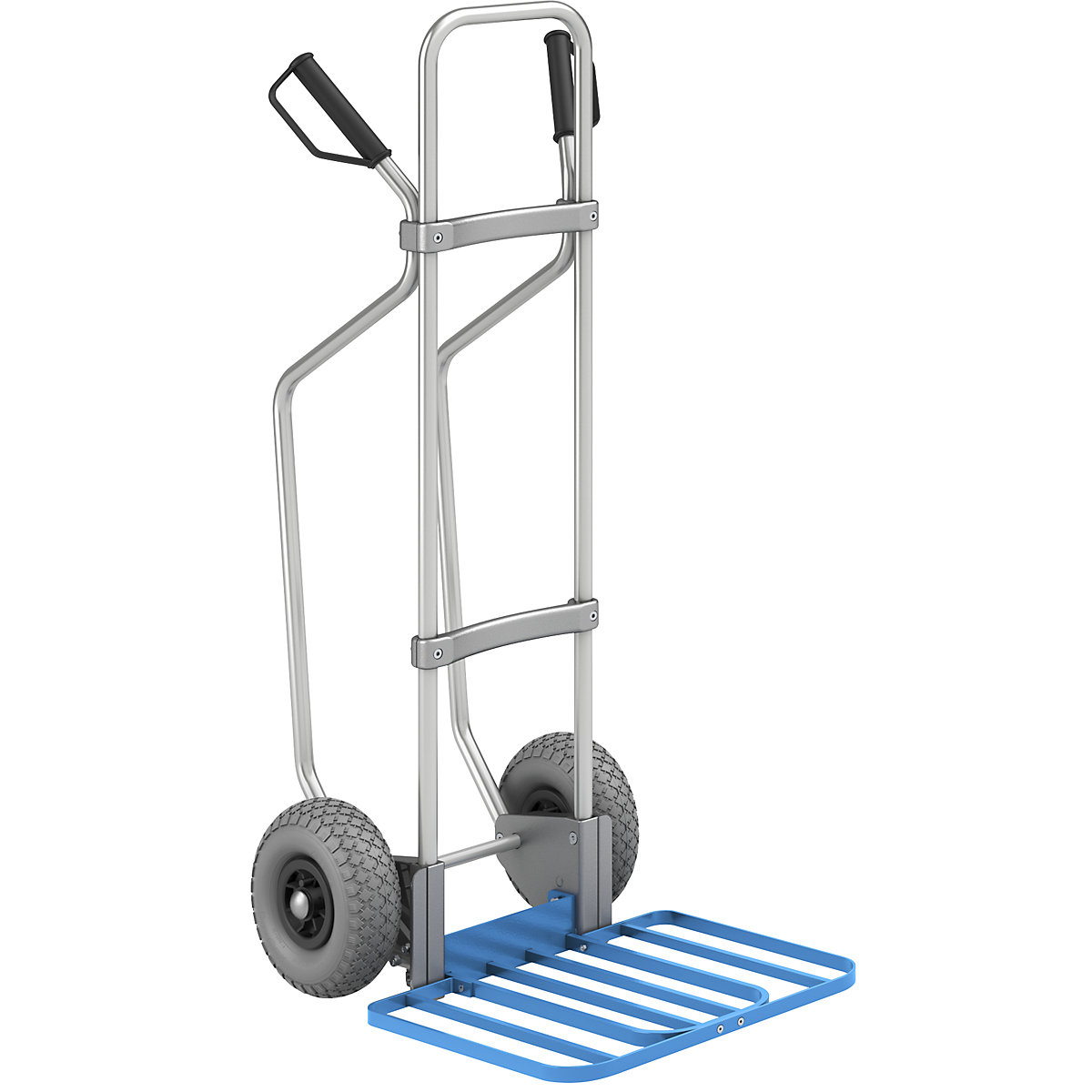 EUROKRAFTpro Aluminium-Sackkarre mit Kufen, Paketschaufel-BxT 430 x 450 mm, blau, PU-Bereifung