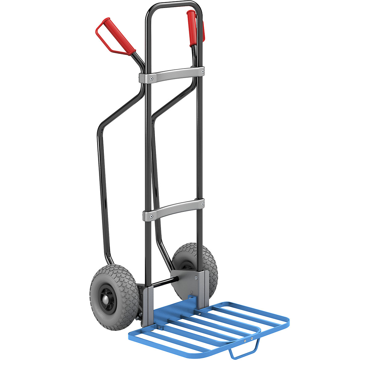 EUROKRAFTpro Sackkarre mit Kufen, schwarz, Paketschaufel-BxT 430 x 450 mm, blau, mit Griff, PU-Bereifung