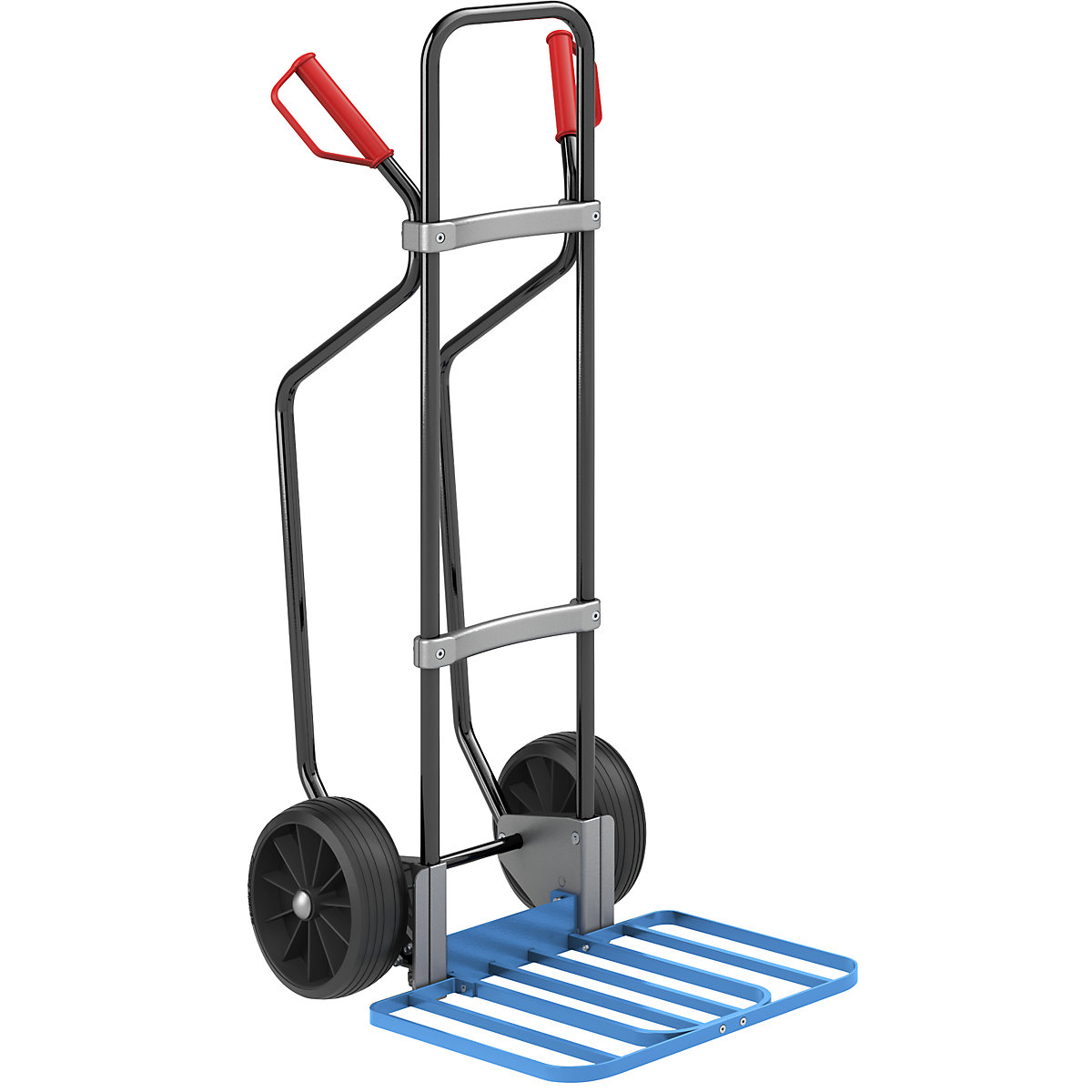 EUROKRAFTpro Sackkarre mit Kufen, schwarz, Paketschaufel-BxT 430 x 450 mm, blau, Vollgummibereifung