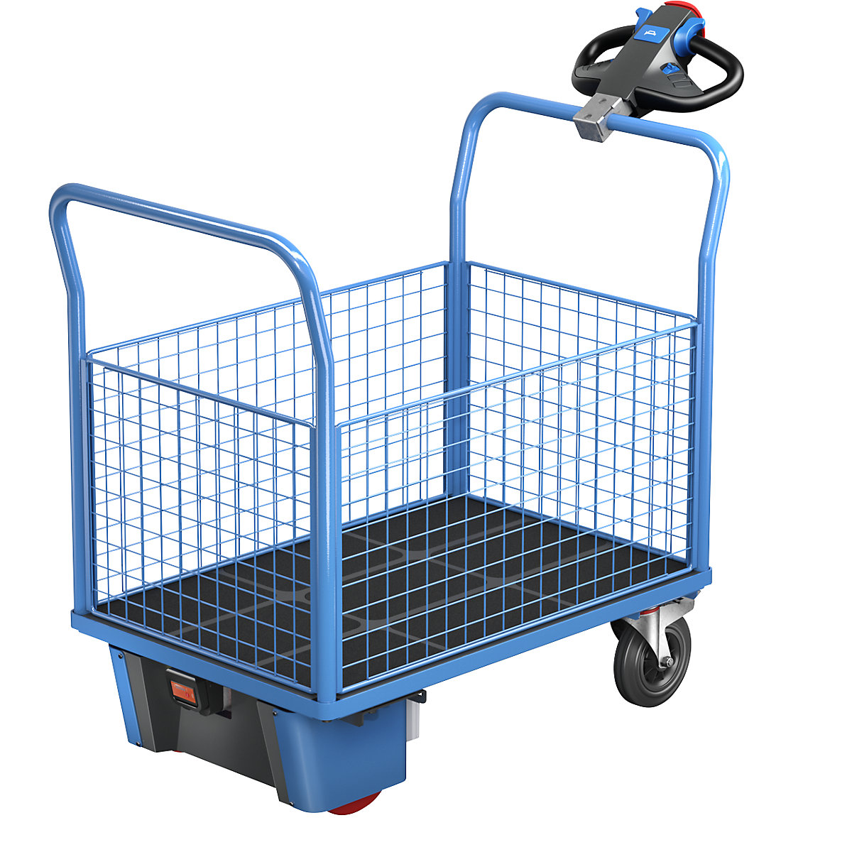 EUROKRAFTpro Plattformwagen mit Elektroantrieb, 4 hohe Gitter-Wände, LxBxH 1420 x 700 x 1300 mm