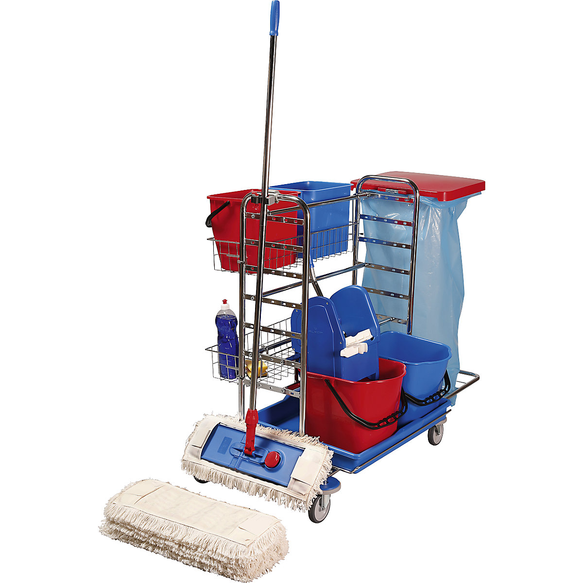Set de cărucior de curățenie, lung. x lăț. x î. 1130 x 670 x 1100 mm, 2 coșuri din sârmă, 10 mopuri, set cu mop lat-0