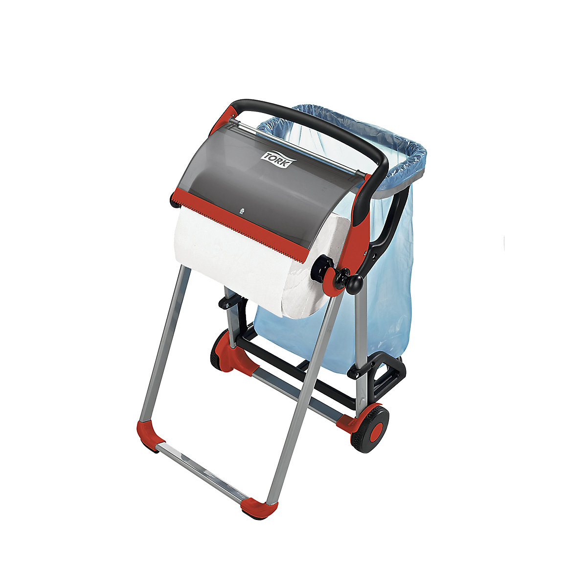 Distribuitor de role, mobil – TORK, cu suport pentru sac de gunoi, negru / roșu-0