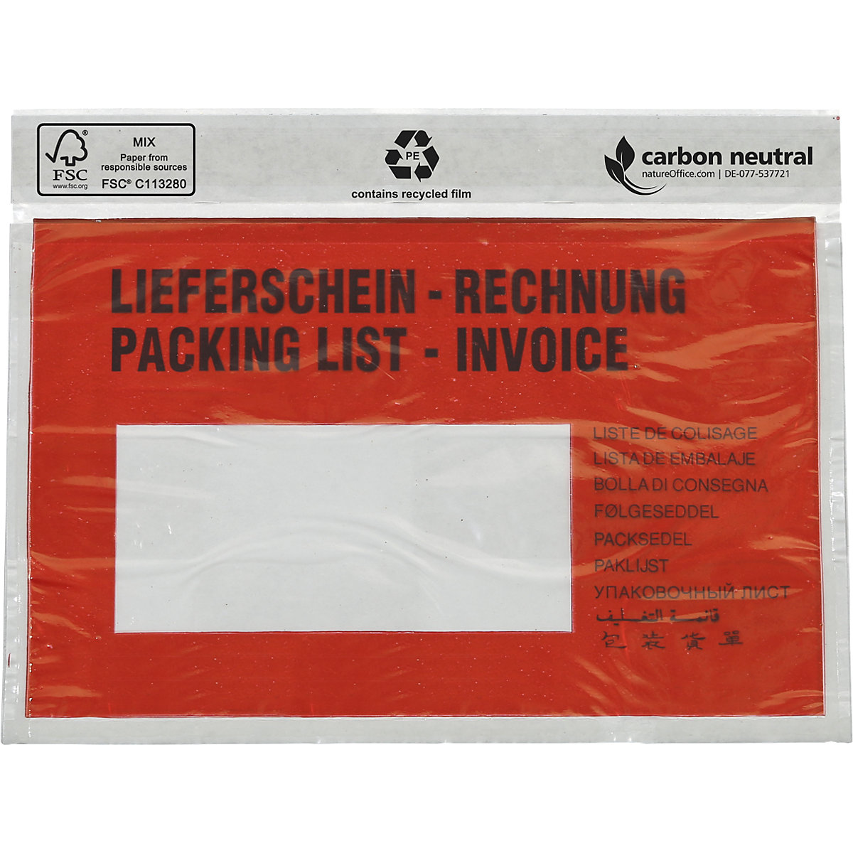 Taška na dokumenty, s certifikátom FSC®, OJ 1000 ks, pre DIN C6, s potlačou „Lieferschein / Rechnung''-1