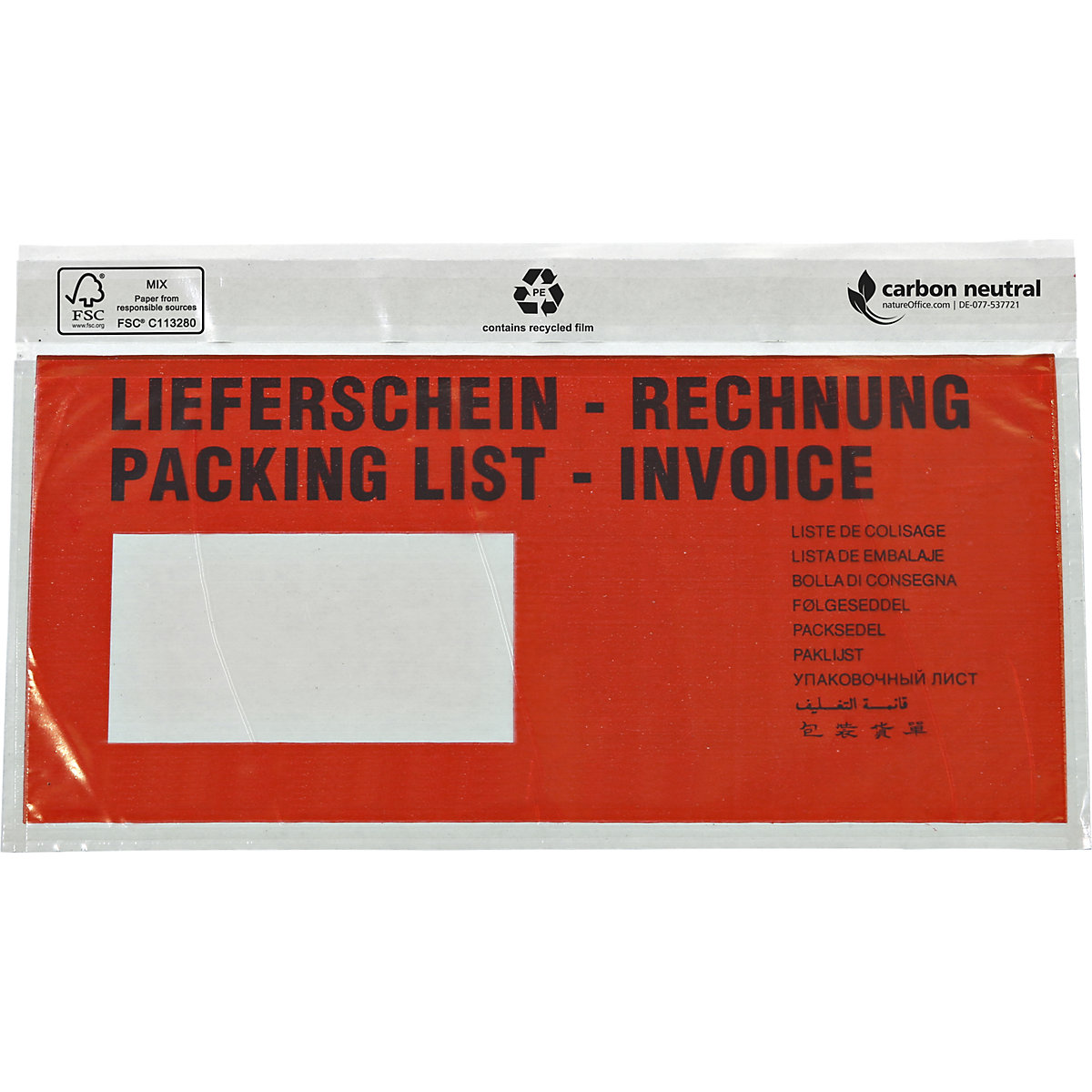 Kapsa na dokumenty, s certifikátem FSC®, bal.j. 250 ks, pro DIN podélně, s potiskem „Lieferschein / Rechnung''-1