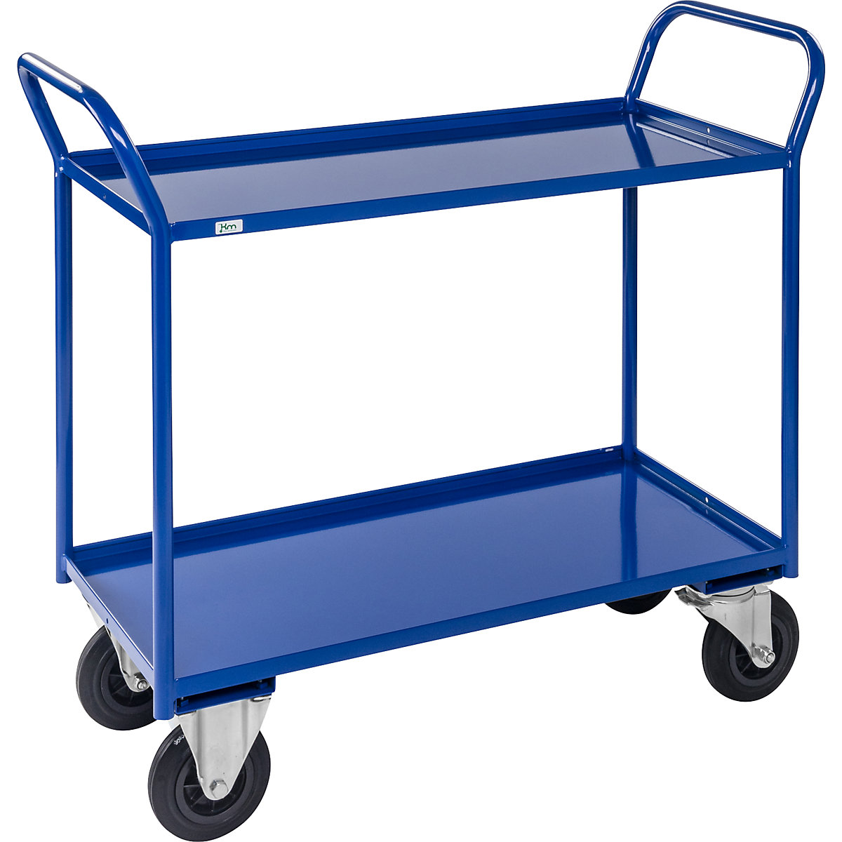 Stolový vozík KM41 – Kongamek, 2 etáže se zvýšenou hranou, d x š x v 1080 x 450 x 1000 mm, modrá, 2 otočná kola s brzdou, 2 pevná kola, od 5 kusů-5