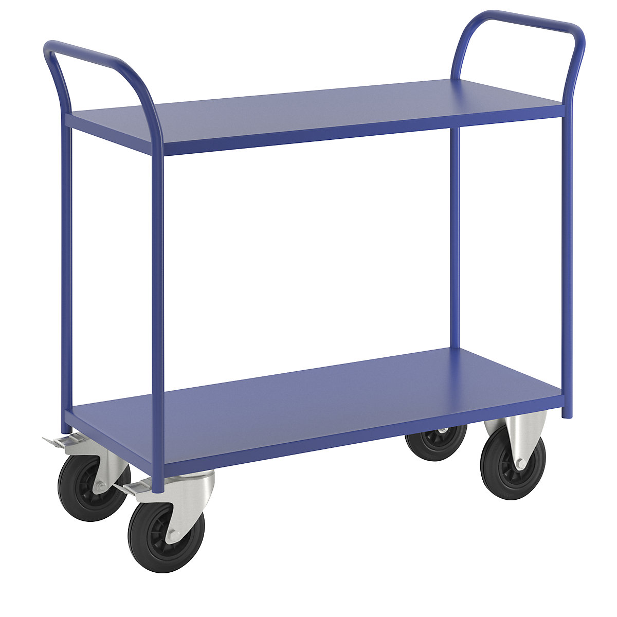 Stolový vozík KM41 – Kongamek, 2 etáže, d x š x v 1080 x 450 x 975 mm, modrá, 2 otočná kola s brzdou, 2 pevná kola-2