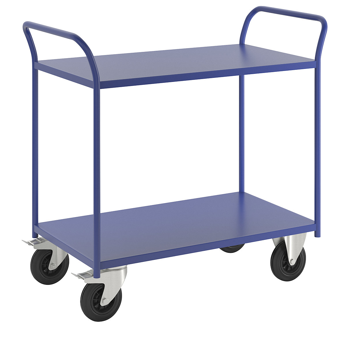Stolový vozík KM41 – Kongamek, 2 poschodia, d x š x v 1070 x 550 x 1000 mm, modrá, 2 otočné kolieska s brzdou, 2 pevné kolieska-2
