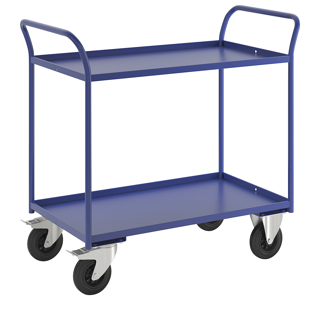 Stolový vozík KM41 – Kongamek, 2 poschodia s ohranením, d x š x v 1070 x 550 x 1000 mm, modrá, 2 otočné kolieska s brzdou, 2 pevné kolieska-5