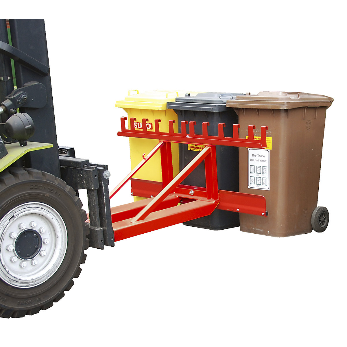 Waste bin lifter – eurokraft pro, for 3 bins, flame red-0