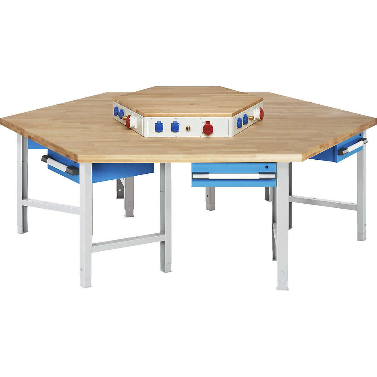 Gruppen-Werkbank eurokraft pro, 6 Arbeitsplätze, 6 Schubladen, mit Energieaufsatz, Höhe 790 – 1140 mm-0