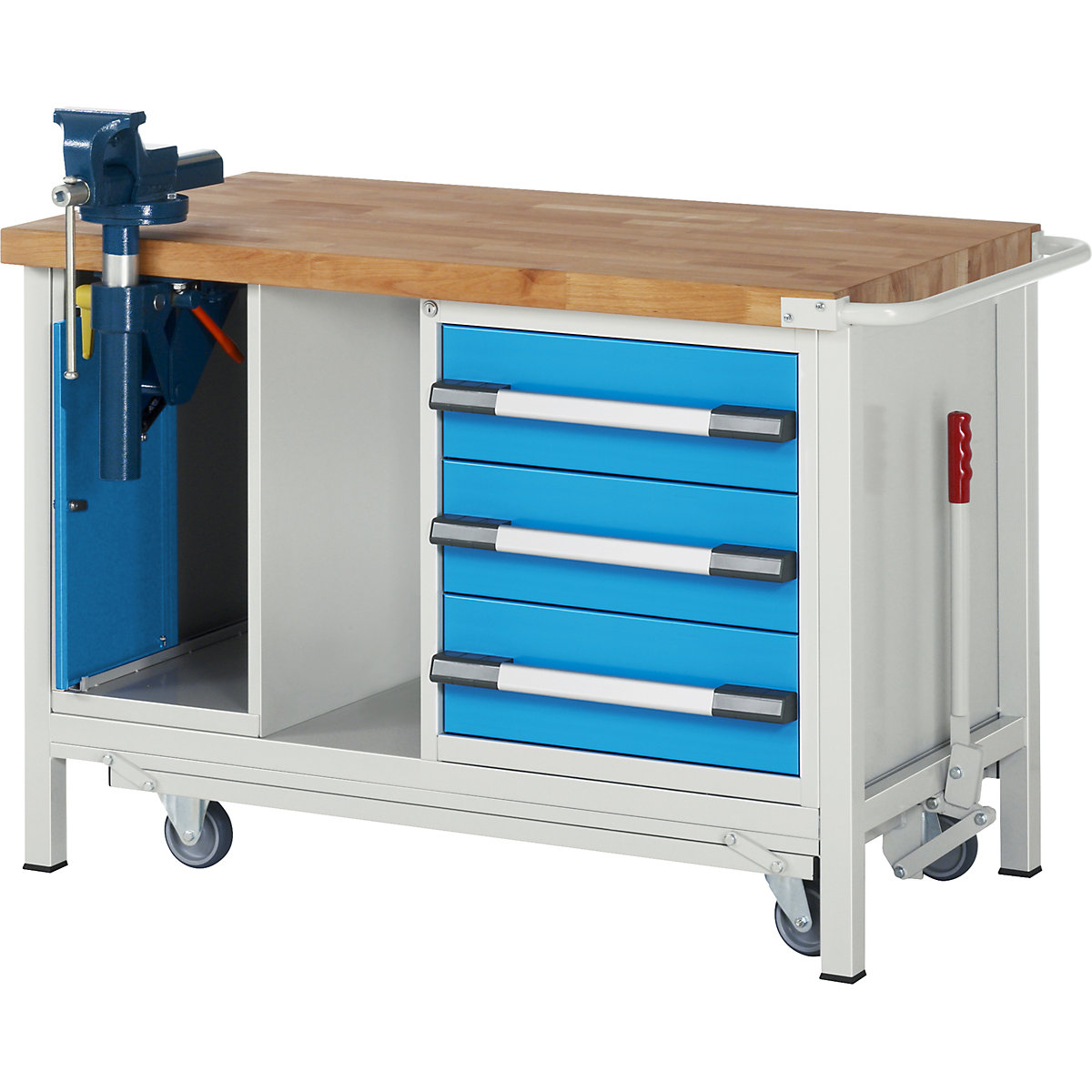 EUROKRAFTpro Fahrbare Werkbank, Gestellbauweise, fahrbar und absenkbar, 3 Schubladen, Klapplift-Schraubstock, Breite 1250 mm