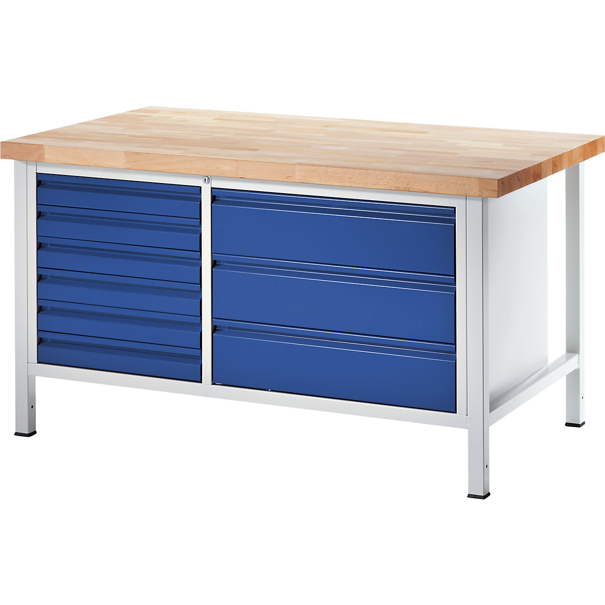 Werkbank, Gestellbauweise RAU, 6 Schubladen Größe L, 3 Schubladen Größe XL, Tiefe 900 mm, Breite 1500 mm-1