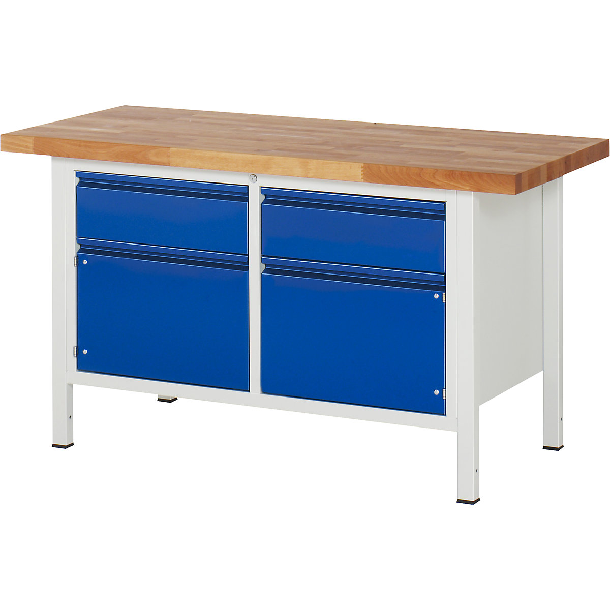 RAU Werkbank, Gestellbauweise, 2 Schubladen, 2 Türen, Plattenbreite 1500 mm, enzianblau
