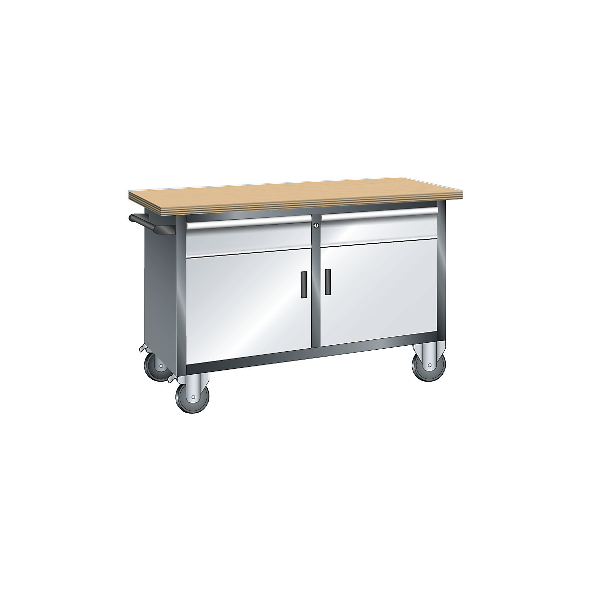 Compacte werkbank, verrijdbaar – LISTA, 2 laden, 2 deuren, 2 legborden, kastframe lichtgrijs, front lichtgrijs-1