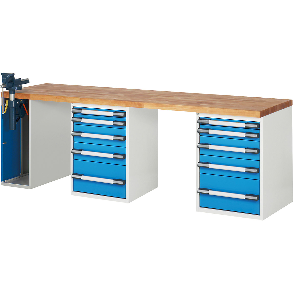 Werkbank, bouwdoossysteem serie 7000 – eurokraft pro, 10 laden, 1 bankschroef links, b x d = 2500 x 700 mm-0