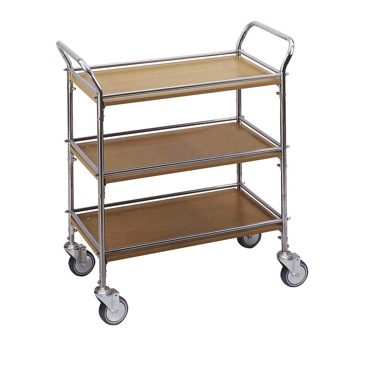Servierwagen Edelstahl / Holzdekor, mit 3 Etagen, Buche-Dekor