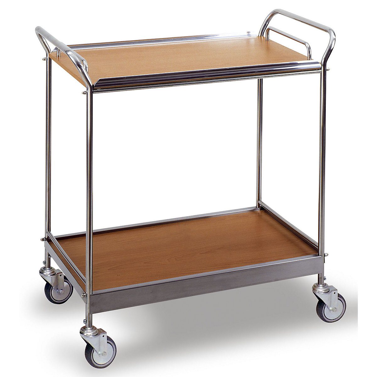 Servierwagen mit 2 Etagen, Tablett abnehmbar, LxBxH 880 x 460 x 930 mm, Edelstahl / Mahagoni-Dekor