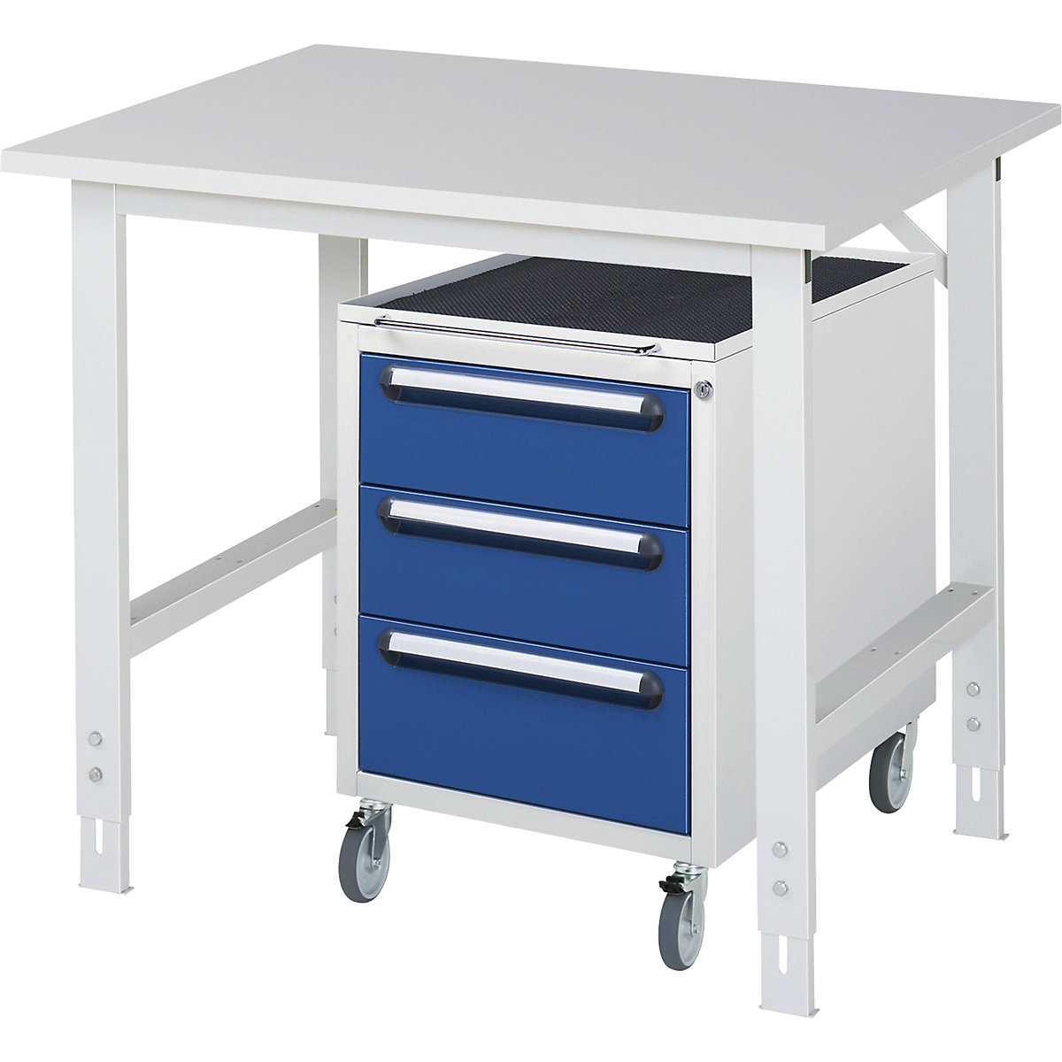 Work table with drawer cupboard, mobile pedestal with 3 drawers 2 x 150, 1 x 180 mm, WxD 1000 x 800 mm, melamine panel, thickness 22 mm-0