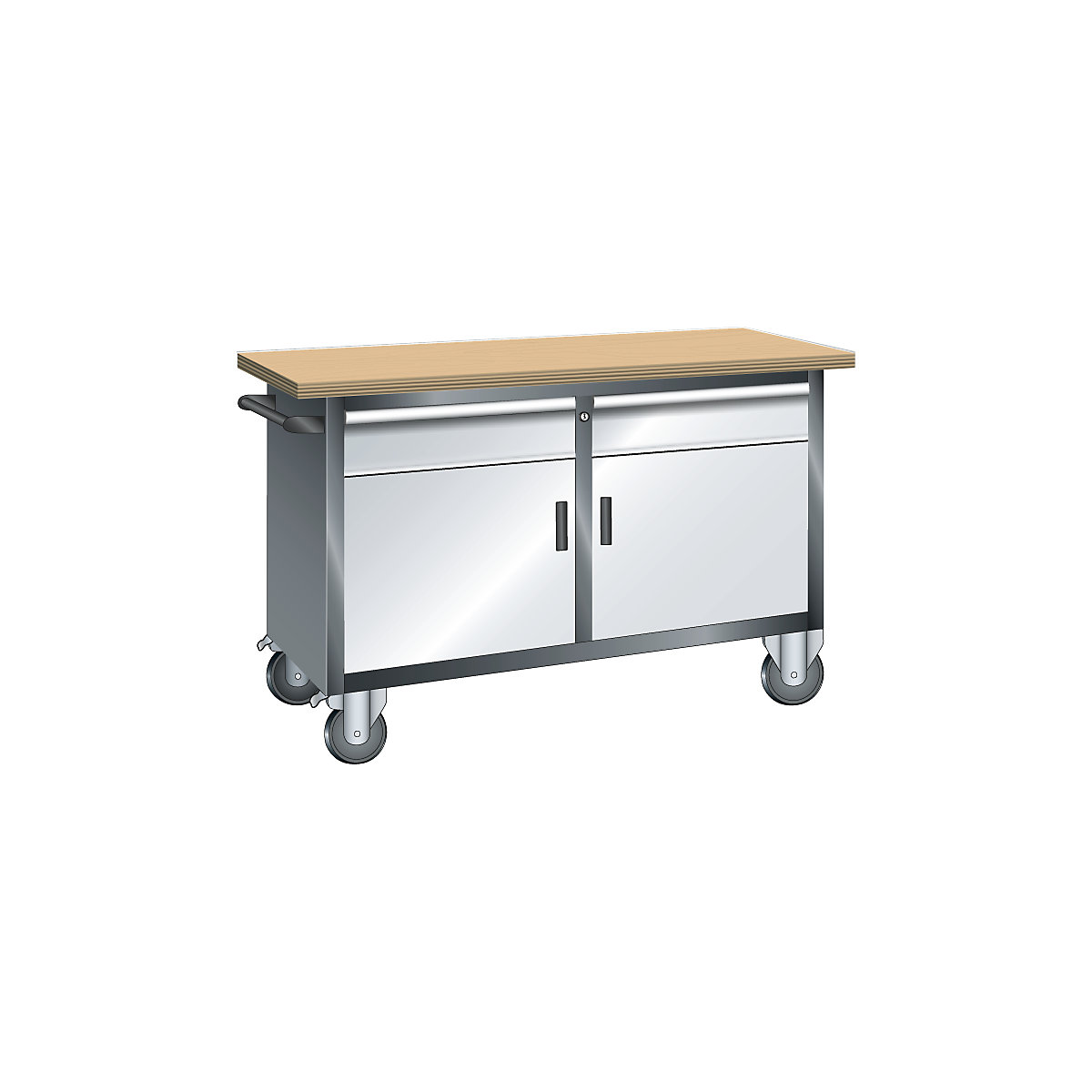 Compact workbench, mobile – LISTA, 2 drawers, 2 doors, 2 shelves, body grey metallic, front light grey-1