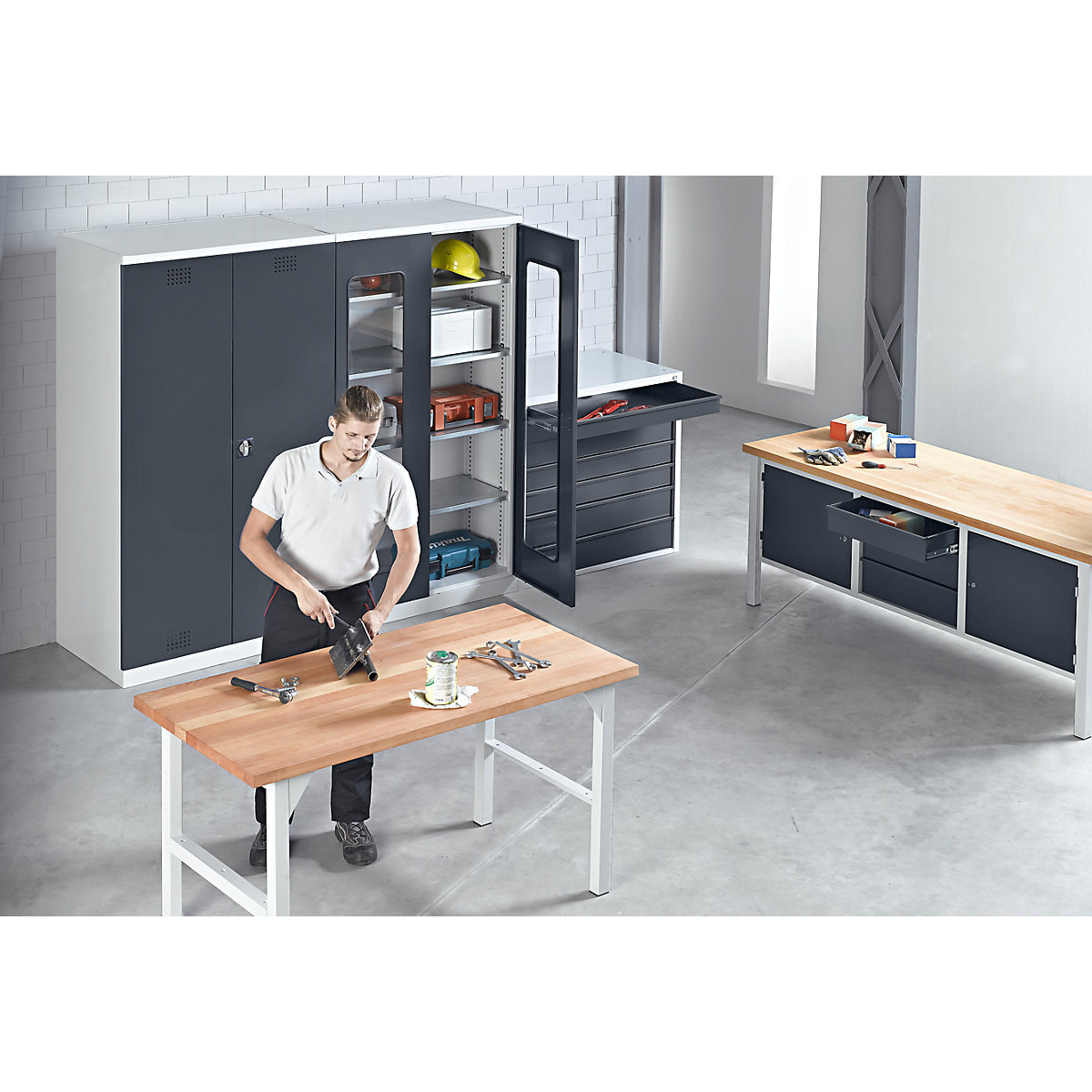 Workbench, frame construction, width 2000 mm, 3 drawers 1 x 125 / 2 x 175 mm, light grey/charcoal-11