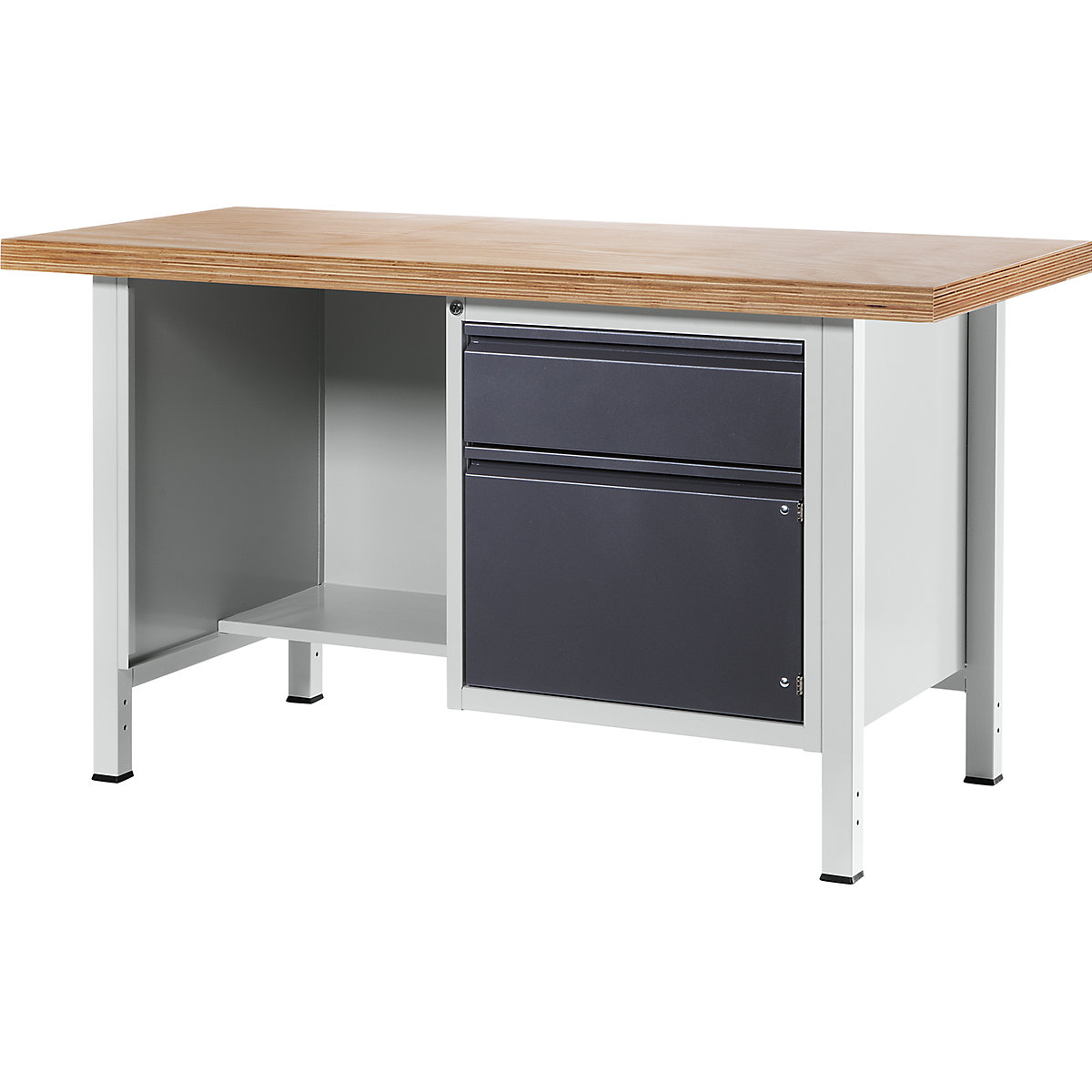 Workbench, frame construction – RAU, 1 drawer, 1 door, 1 open compartment with recessed shelf, panel width 1500 mm, metallic charcoal-8