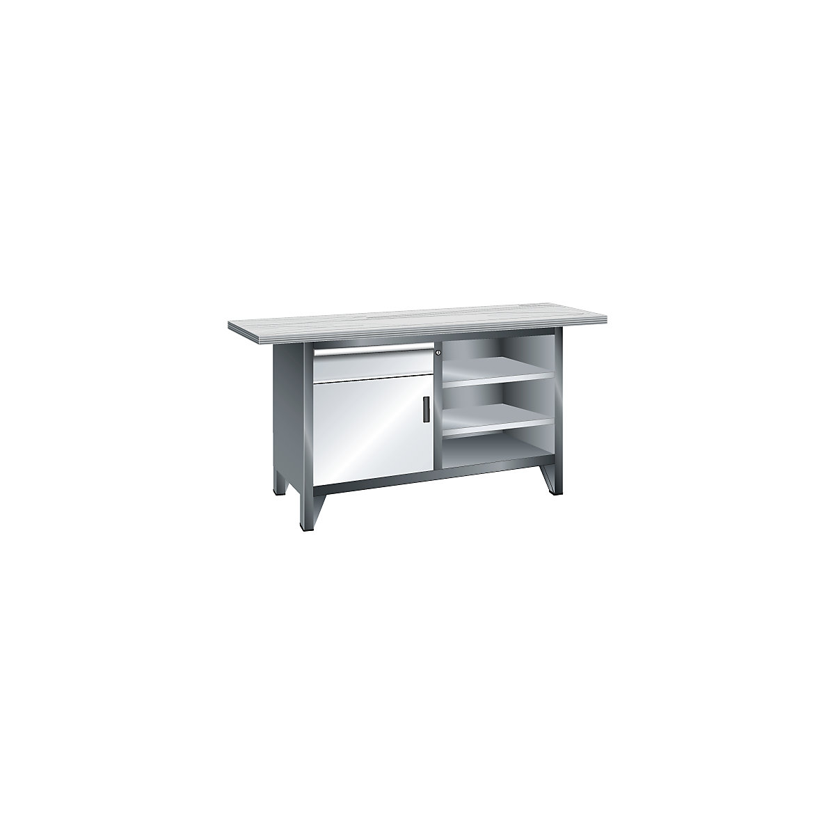 Workbench width 1500 mm, frame construction – LISTA, 3 shelves, 1 drawer, 1 door, body light grey, front light blue-7