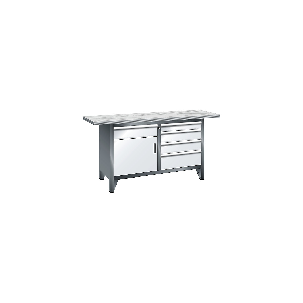 Workbench width 1500 mm, frame construction – LISTA, 1 shelf, 5 drawers, 1 door, body light grey, front light blue-7
