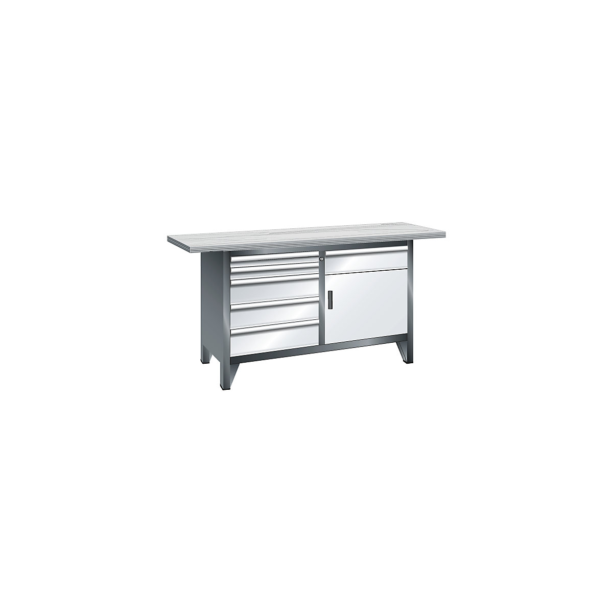 Workbench width 1500 mm, frame construction – LISTA, 1 shelf, 6 drawers, 1 door, body light grey, front light blue-7