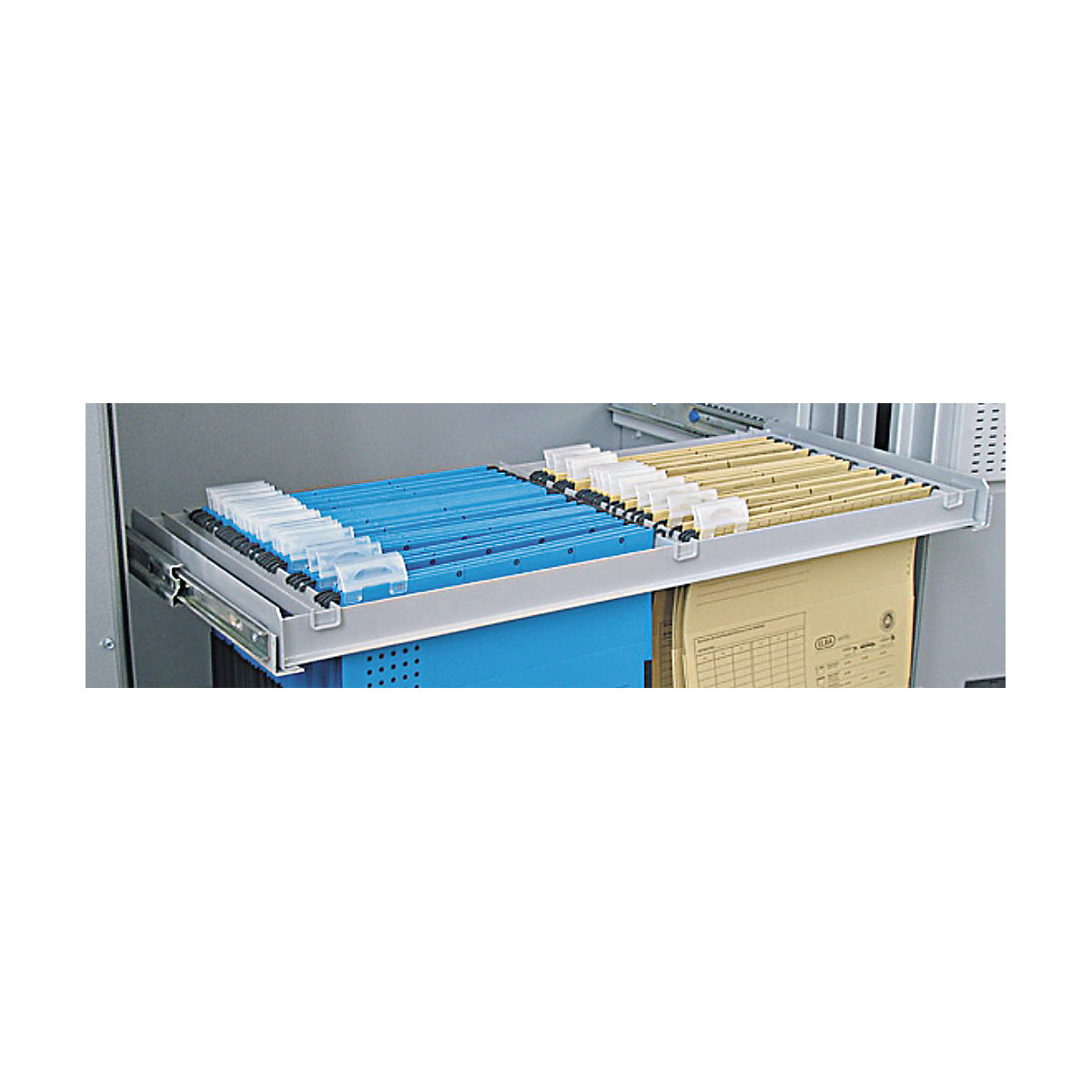 Suspension file drawer on telescopic rails