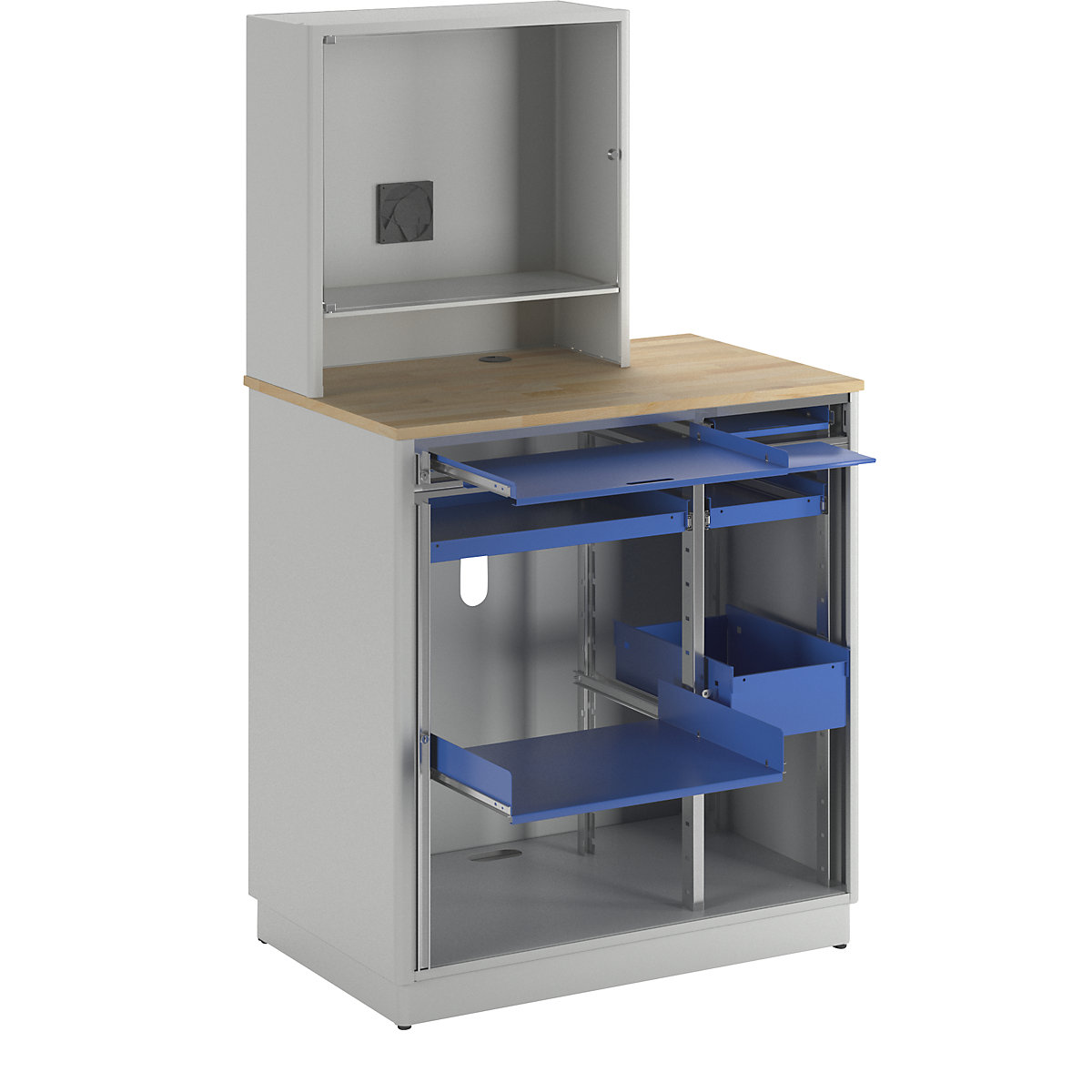 Computer workstation – RAU, HxWxD 1810 x 1030 x 660 mm, with monitor housing, light grey / gentian blue-21