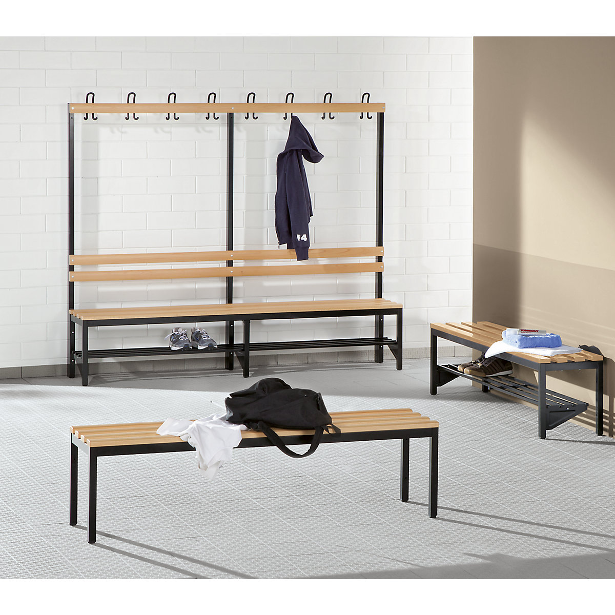 Changing room bench with back rest, single sided – Wolf (Product illustration 2)-1