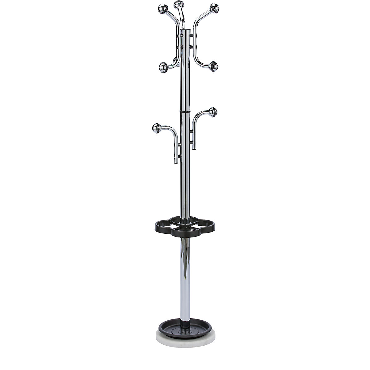 Coat stand with chrome coloured hook balls