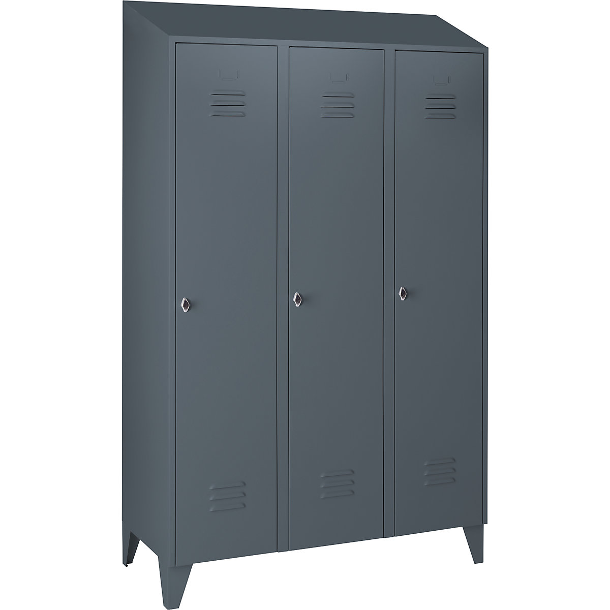 Berlin 2 clothes locker – Wolf, 3 compartments, blue grey, width 1200 mm, sloping roof shape-40
