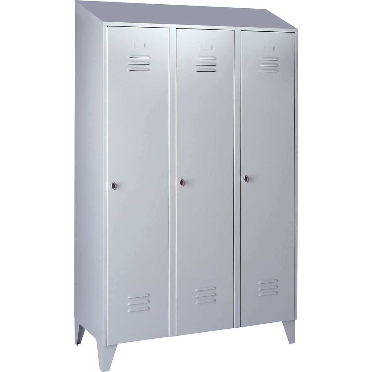 Berlin 2 clothes locker – Wolf, 3 compartments, light grey, width 1200 mm, sloping roof shape-46