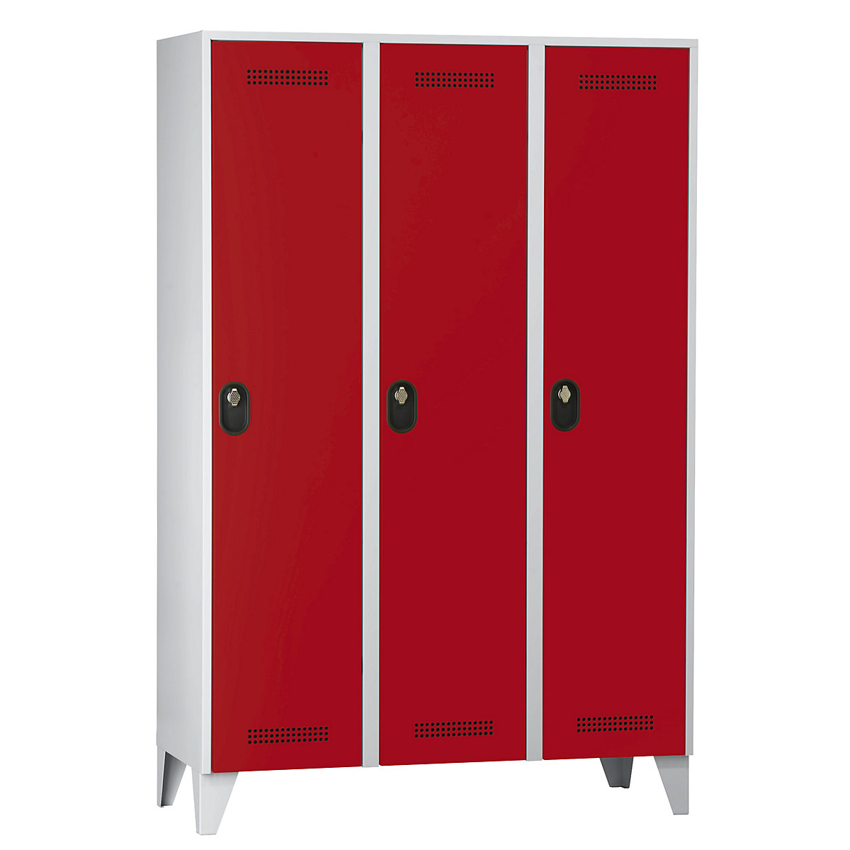 Köln clothes locker – Wolf, 3 compartments, light grey / flame red, 1200 mm-29