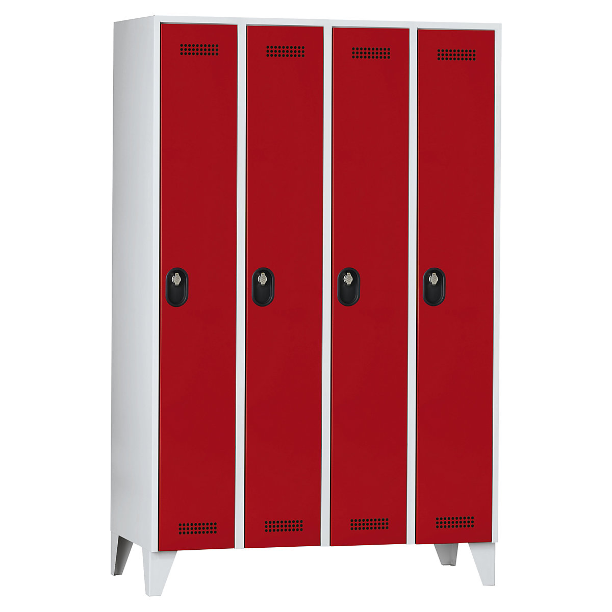 Köln clothes locker – Wolf, 4 compartments, light grey / flame red, 1200 mm-1