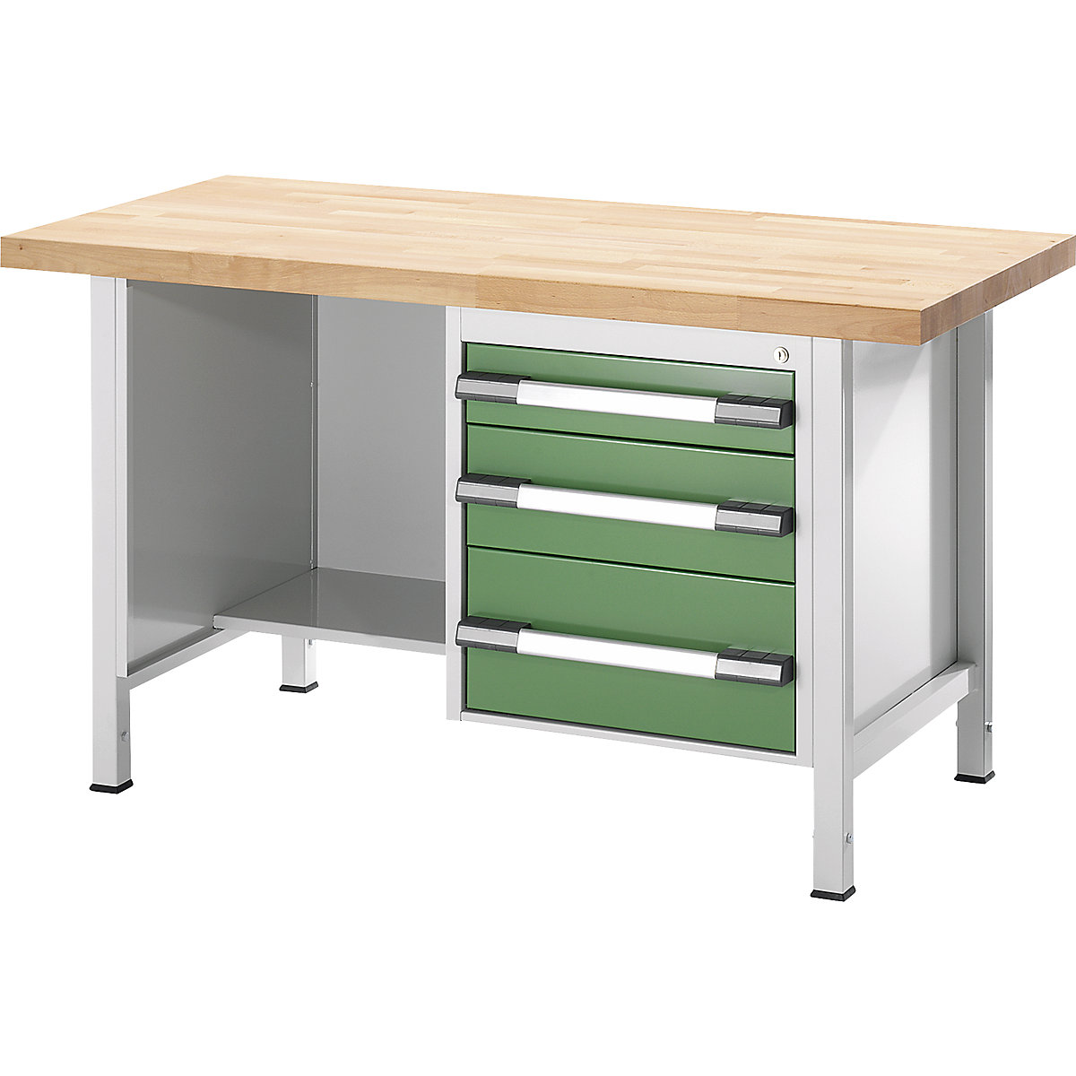 Height-adjustable workbench, frame construction – eurokraft pro, 3 drawers, 1 shelf, width 1500 mm, charcoal / blue-1