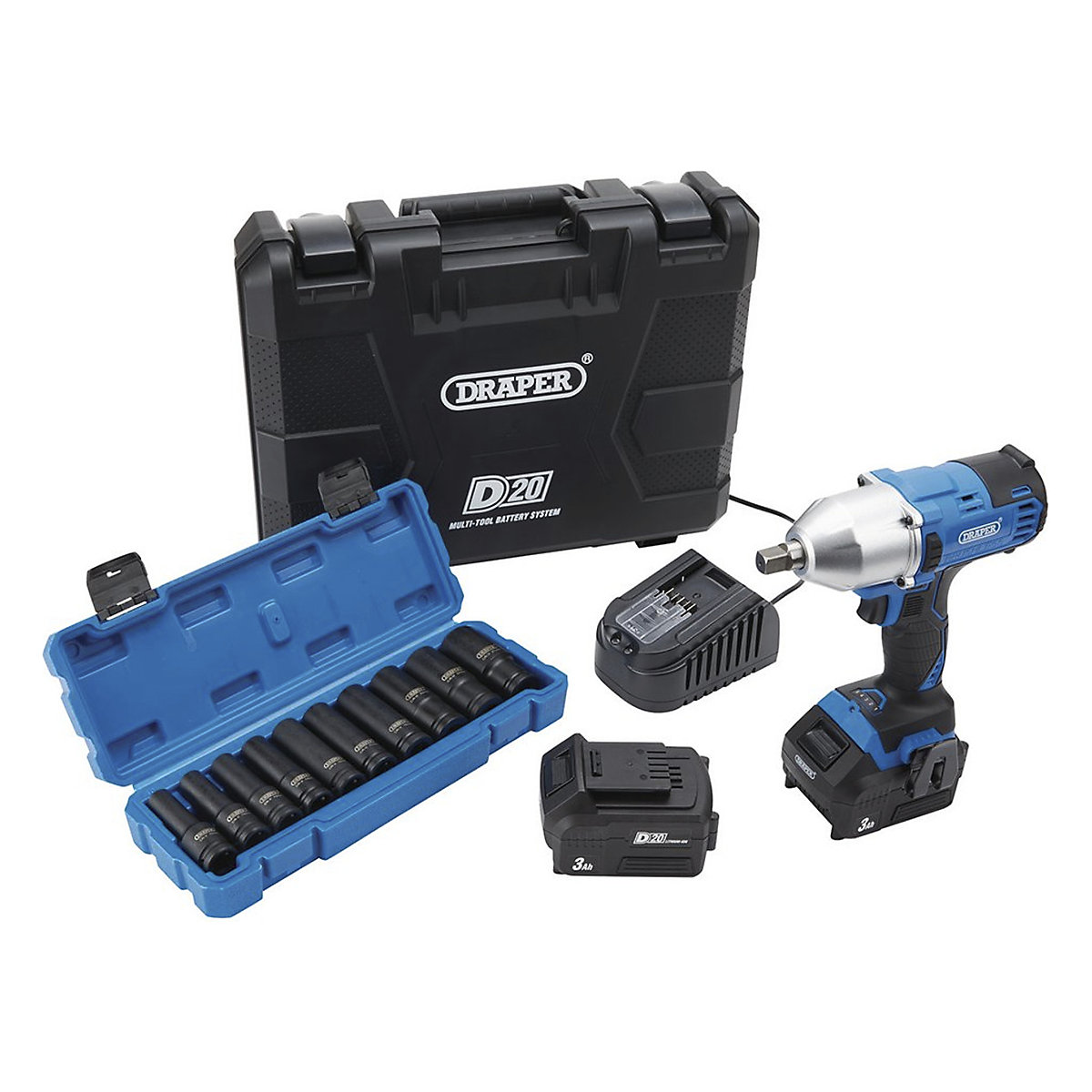 Draper D20 Series Brushless Mid-Torque Impact Wrench Kit & Metric Deep Impact Socket Set | 10 Piece (Product illustration 2)-1
