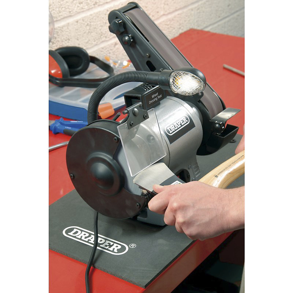 Draper 6" Bench Grinder with Sanding Belt and Worklight | 370W (Product illustration 2)-1